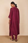 Shop_Sue Mue_Wine Silk And Lycra Crepe Embroidery Zardozi V Neck Kaya Kaftan Set _at_Aza_Fashions