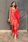 Shrutkirti_Orange Chanderi Printed Floral Tie Short Kurta Set _Online_at_Aza_Fashions