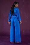 Shop Kacha Tanka Blue Cotton Satin Threadwork V Neck Wrap Style Jumpsuit at Aza Fashions Shop_Kacha Tanka_Blue Cotton Satin Threadwork V Neck Wrap Style Jumpsuit _at_Aza_Fashions