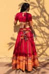 Shop_POMCHA JAIPUR_Orange Cotton Printed Leheriya Leaf Neck Veena Kurta Lehenga Set_at_Aza_Fashions