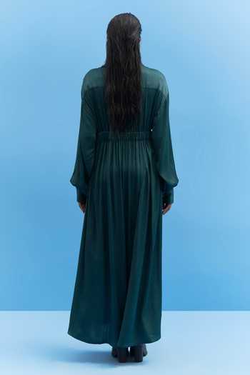 Shop_Siddhant Agrawal_Green Modal, Satin Shawl Neck Dress _at_Aza_Fashions