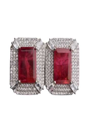 Shop_Mozaati_Silver Plated Geometric Stone Embellished Stud Earrings _at_Aza_Fashions