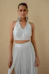 Shop_Mint blush_Blue Raw Silk Embroidered Mirror Halter Crop Top And Skirt Set _at_Aza_Fashions