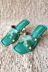 Shop_Tic Tac Toe Footwear_Green Embellished Stud Spool Heels _at_Aza_Fashions