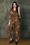 Shop_Whimsical By Shica_Brown Organza Satin Printed Ditsy V Neck Jumpsuit _at_Aza_Fashions