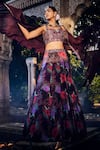 Shop_Awigna_Wine Blouse Net Printed Floral Sweetheart Neck Dilnoor Lehenga Set  _at_Aza_Fashions