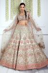 Shop_Pallavi Poddar_Ivory Raw Silk Embroidery Resham Leaf Neck Iskcon Bridal Lehenga Set _at_Aza_Fashions