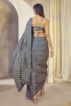 Shop_AFFROZ_Blue Russian Silk Printed Paisley Jaal V Neck Pre-draped Saree With Blouse_at_Aza_Fashions
