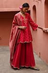 Shop_Deep Thee_Red Chanderi Embroidery Kalyani Boota V Neck Panelled Short Kurta Set _at_Aza_Fashions