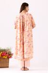 Shop_Abbaran_Peach Cotton Embroidery V-neck Flower Print Gathered Anarkali Set _at_Aza_Fashions