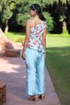 Shop_Tarini Vij_Blue Natural Crepe Tropicana One Shoulder Printed Peplum Top And Pant Set _at_Aza_Fashions