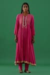 Shop_5Elements_Pink Cotton Embellished Ghungroo Round Hand Stitched Anarkali And Pant Set _at_Aza_Fashions