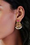 Shop_ZARIIN_Pink Embroidery, Pearls Mystic Lotus Dangler Earrings _at_Aza_Fashions
