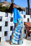 Babita Malkani_Blue Crepe Printed Stripe Shirt Collar And Draped Skirt Set_Online_at_Aza_Fashions