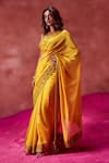 Shop_PUNIT BALANA_Yellow Organza Silk Embroidery Resham And Mirror V Neck Border Saree With Blouse _at_Aza_Fashions