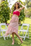 Shop_B'Infinite_Pink Linen Print Floral Sweetheart Raspberry Crop Top With Skirt _at_Aza_Fashions