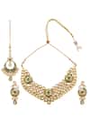 Shop_Minaki_Green Metallic Thread, Diamonds Meenakari Work Necklace Set _at_Aza_Fashions