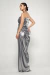 Shop_Cham Cham_Silver Stretch Knit Foil Solid Halter Neck Metallic Gown _at_Aza_Fashions