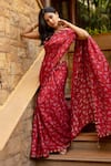 Shop_PUNIT BALANA_Red Satin Silk Floral Print Pre-draped Saree With Blouse_at_Aza_Fashions
