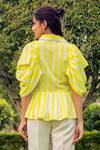Shop_B'Infinite_White Cotton Stripes Spread Collar Neon Peplum Shirt_at_Aza_Fashions