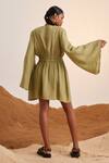 Shop_Cord_Green Linen V Neck Macha Bell Sleeve Dress_at_Aza_Fashions
