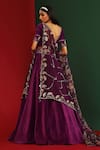 Shop_Mahima Mahajan_Wine Velvet Printed Floral Pattern V Neck Ziva Embroidered Bridal Lehenga Set _at_Aza_Fashions