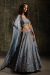 Shop_Mona and Vishu_Blue Lehenga And Blouse  Dupion Silk Dupatta  Organza Linear Floral Set _at_Aza_Fashions