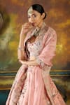 Shop_Pallavi Poddar_Pink Silk, Organza Embroidery Round Neck Mukut Resham Bridal Lehenga Set _at_Aza_Fashions
