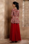 Shop_OMANA BY RANJANA BOTHRA_Red Peplum - Cupro Raw Silk Embroidery Thread Zareen Flower Top And Sharara Set _at_Aza_Fashions