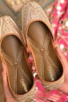 Shop_Coral Haze_Peach Embroidered Aurora Juttis _at_Aza_Fashions