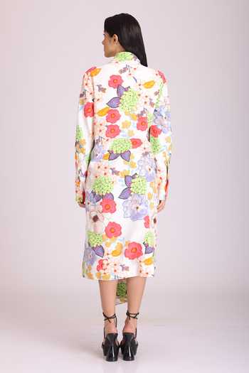 Shop_Alpona Designs By Soham Acharya_White Natural Crepe Floral Shawl Collar Print Jacket Dress _at_Aza_Fashions