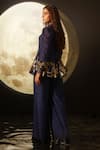 Shop_Dohr India_Blue Organza, Crepe Foil Printing Round Neck Peplum Top And Flared Pant Set _at_Aza_Fashions