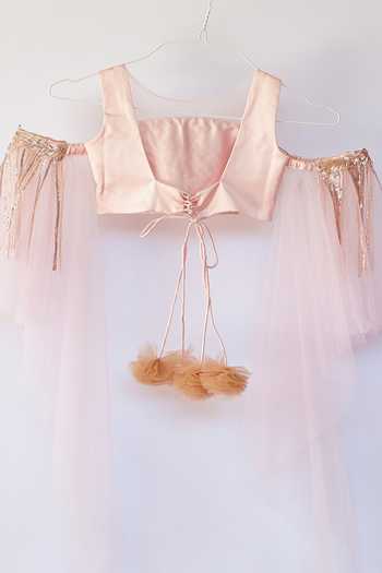 Shop_Pinkcow designs pvt ltd_Pink Tulle, Crepe Tassels Cold Shoulder Blouse With Lehenga Set _at_Aza_Fashions
