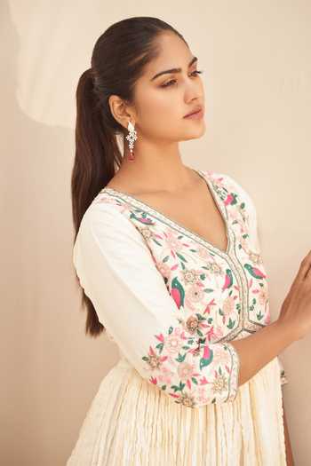 Shop_Hirika & Dhruti_White Silk, Organza, Crepe Beads, Cut Crinkled Anarkali With Embroidered Dupatta _at_Aza_Fashions