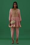 Shop_5elements_Pink 100% Cotton With Silk Brocade Yoke Crushed Anarkali And Dhoti Pant Set _at_Aza_Fashions