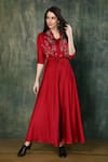 Shop_Whimsical By Shica_Red Heavy Silk Satin Hand Embroidery French Knots V Neck Tie-up Jumpsuit _at_Aza_Fashions