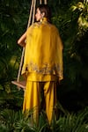 Shop_Pallavi Poddar_Yellow Dupion Embroidery Zardozi And Thread Round Floral Cape & Draped Pant Set _at_Aza_Fashions