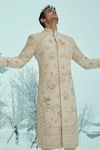 Shop_Sahil Kochhar_Beige Silk Embroidery Shahi Sherwani And Trouser Set _at_Aza_Fashions