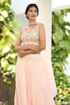 Shop_Tarini Vij_Peach Blouse Satin, Lehenga And Dupatta - Silk Organza Flower Embroidered & Set _at_Aza_Fashions