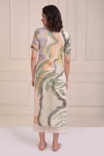 Shop_Shwetanga_Ivory Cotton Beads, Lace Round Neck Organic Printed Kurta Set _at_Aza_Fashions