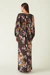 Shop_Payal Pratap_Brown Linen, Satin Round Neck Merbabu Floral Bloom Print Dress _at_Aza_Fashions