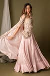 Shop_Pds By Sneha_Pink Organza Embroidery Floral Blouse One Shoulder Cape Lehenga Set  _at_Aza_Fashions