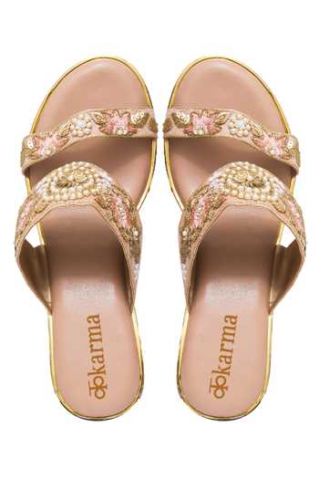 Shop_Kkarma Accessories_Pink Embroidery Rose Gold Platform Wedges _at_Aza_Fashions