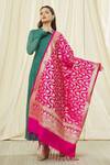Shop Naintara Bajaj Pink Brocade Zari, Fringe Floral Woven Banarasi Art Silk Dupatta at Aza Fashions Shop_Naintara Bajaj_Pink Brocade Zari, Fringe Floral Woven Banarasi Art Silk Dupatta_at_Aza_Fashions