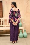 Shop_Taro_Purple Chanderi Silk Print Floral Square Neck Iris Flower Top _at_Aza_Fashions