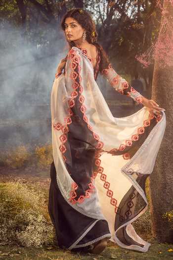 Shop_Nitika Gujral_Black Organza, Satin Cut Work, Embroidery Round Neck Dichromatic Saree Set _at_Aza_Fashions