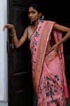 Shop_Archana Jaju_Pink Pure Handwoven Paithani Silk Floral Patterns, Kalamkari Hand Painted Saree_at_Aza_Fashions