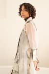 Shop_Arcvsh By Pallavi Singh_Grey Organza, Linen Collared, V-neck Panel Jacket With Floral Print Dress _at_Aza_Fashions