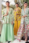 Shop_DiyaRajvvir_Green Modal And Georgette Print Flower Deep V Floral Jaal Pattern Top With Sharara _at_Aza_Fashions