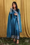Shop_The Aarya_Blue Maheshwari, Silk, Cotton Embroidery, Placement Floral And Peacock Kurta Set_at_Aza_Fashions